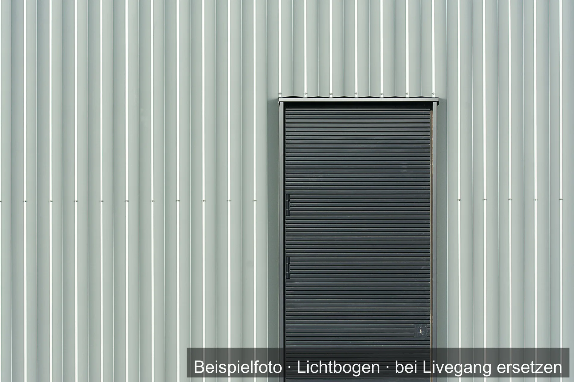 Dunkelgraue Metalltür mit waagerechten Rillen in der hellen Profilblechwand einer Halle.